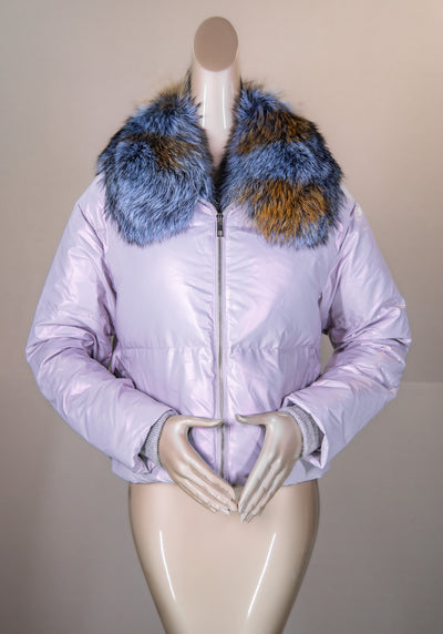 Iridescent Puffer Jacket with Fox Collar