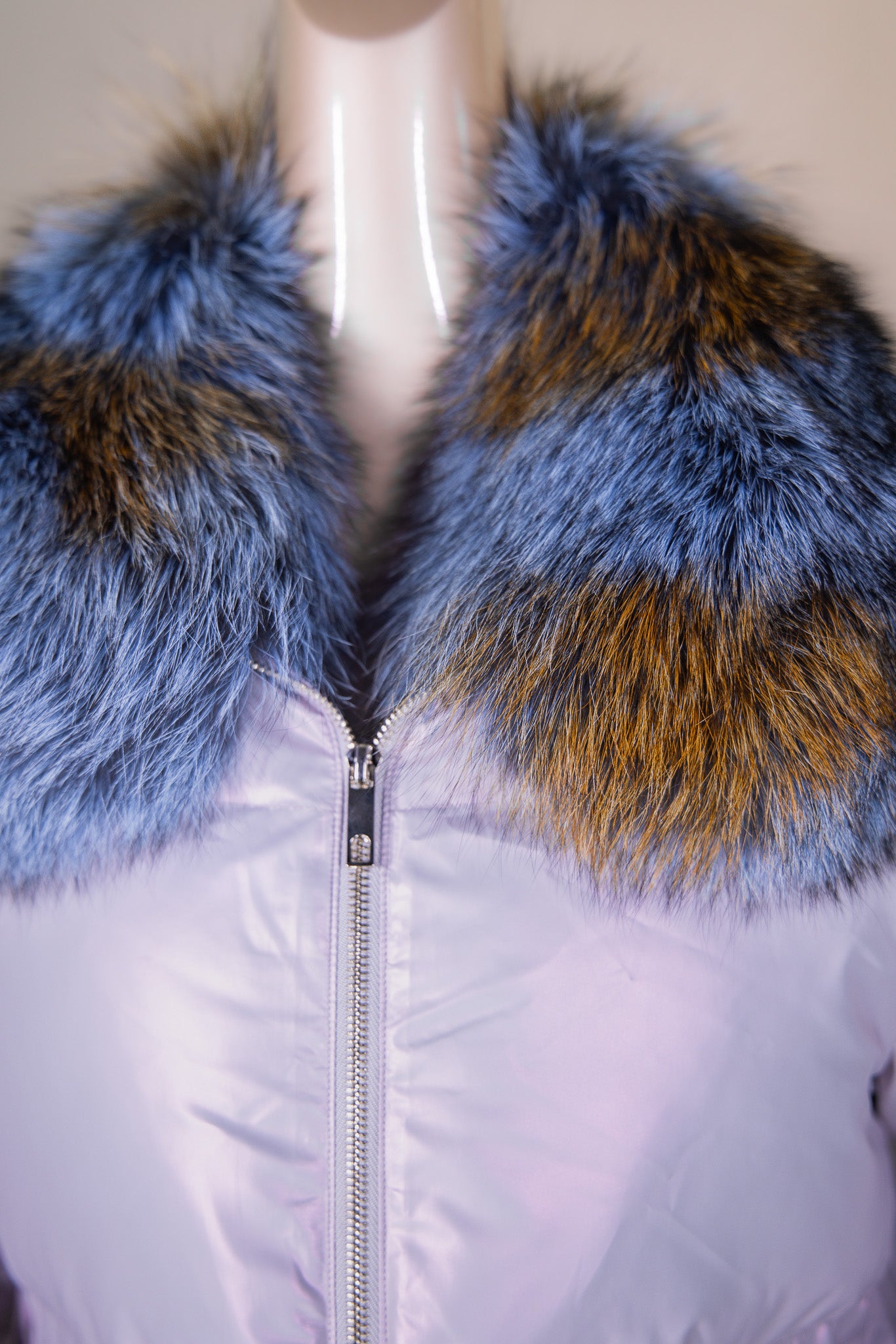 Iridescent Puffer Jacket with Fox Collar