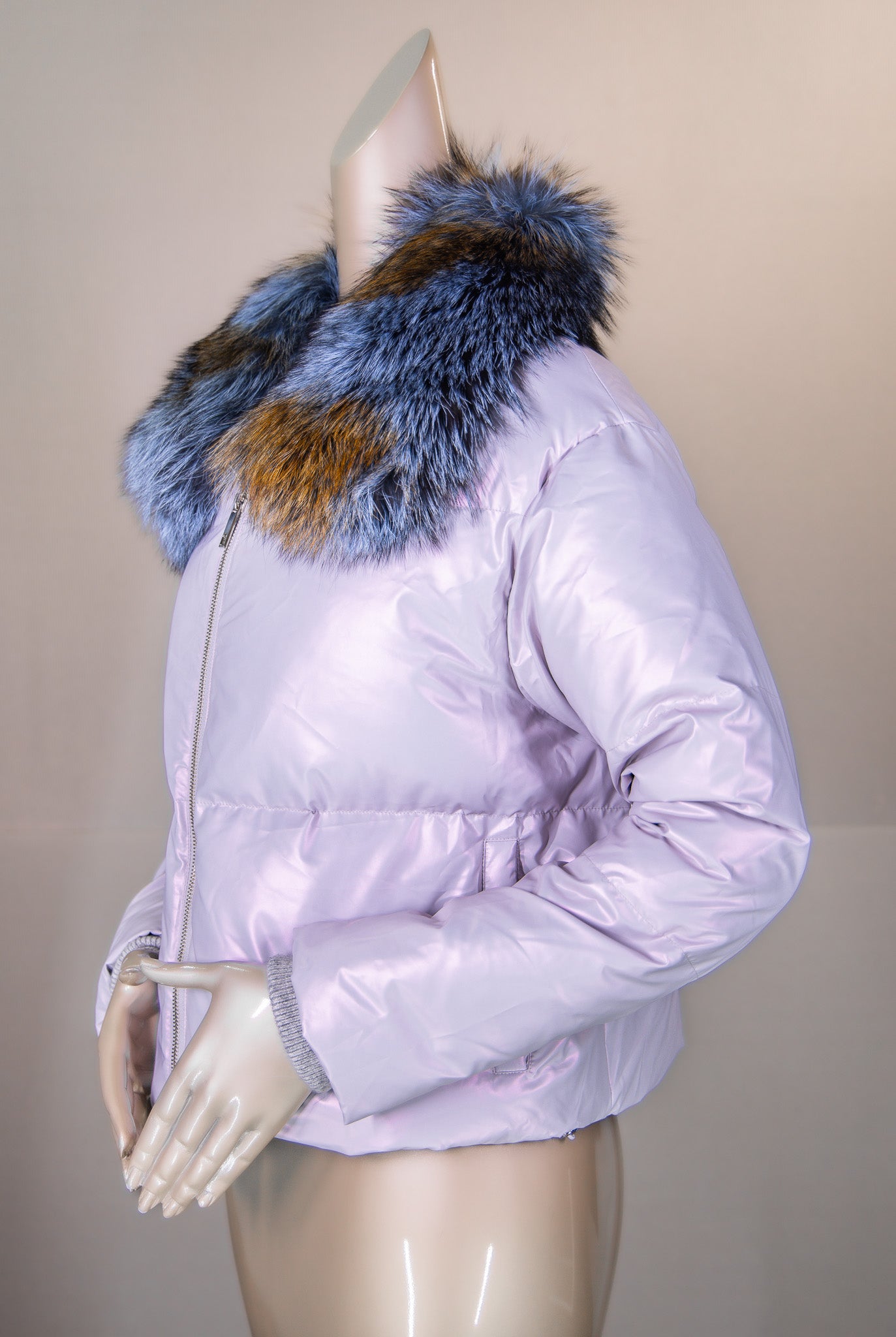 Iridescent Puffer Jacket with Fox Collar