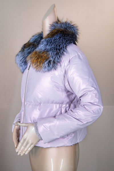 Iridescent Puffer Jacket with Fox Collar