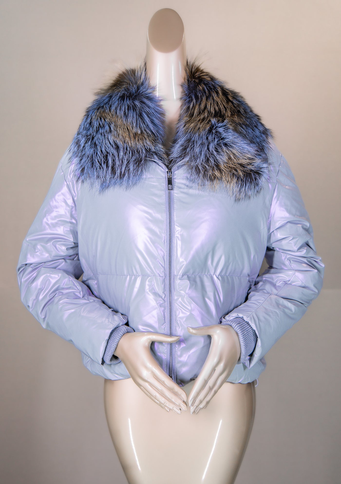 Iridescent Puffer Jacket with Fox Collar