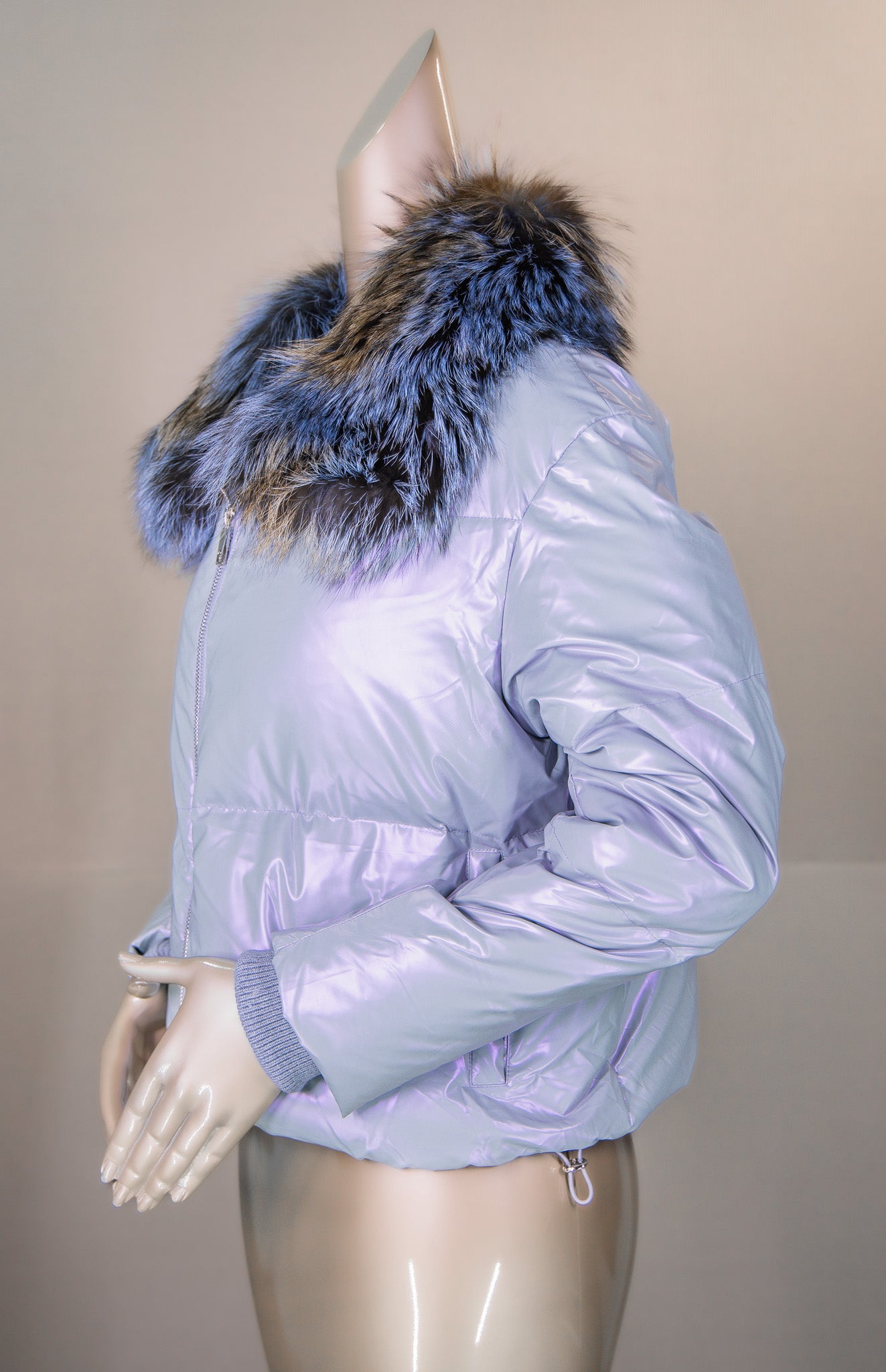 Iridescent Puffer Jacket with Fox Collar