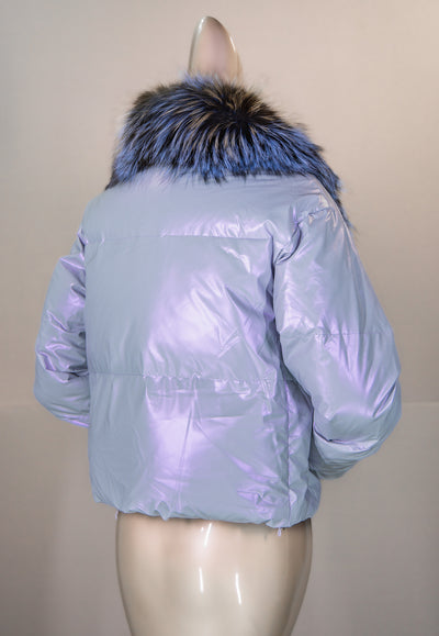 Iridescent Puffer Jacket with Fox Collar