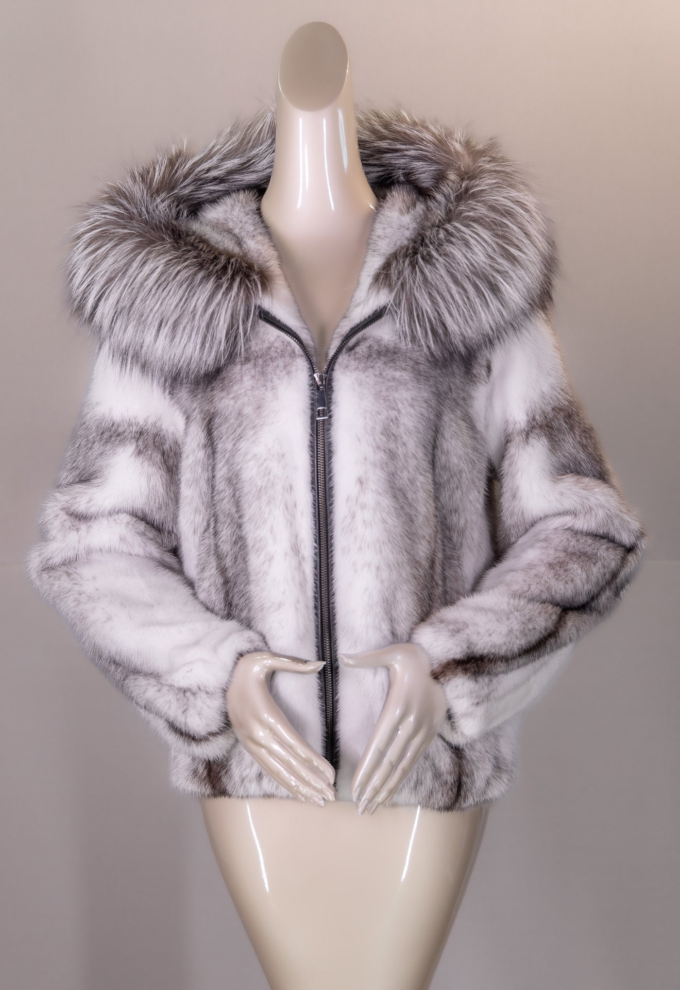 Black Cross Mink Jacket with Silver Fox Hood