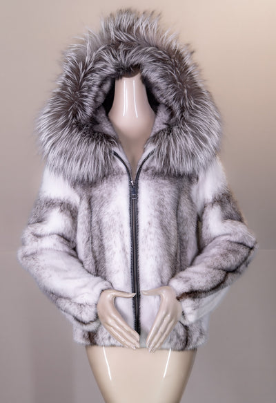 Black Cross Mink Jacket with Silver Fox Hood