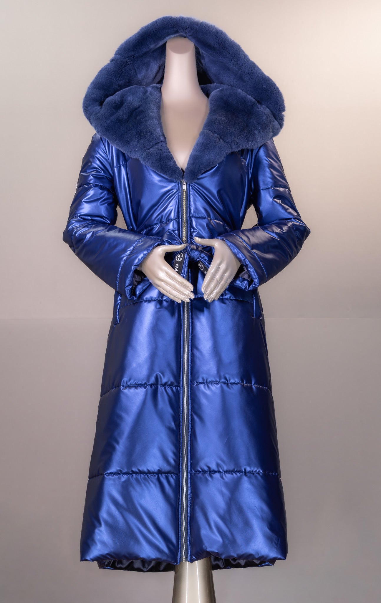 Hooded Puffer Car Coat with Chinchilla Rex Rabbit