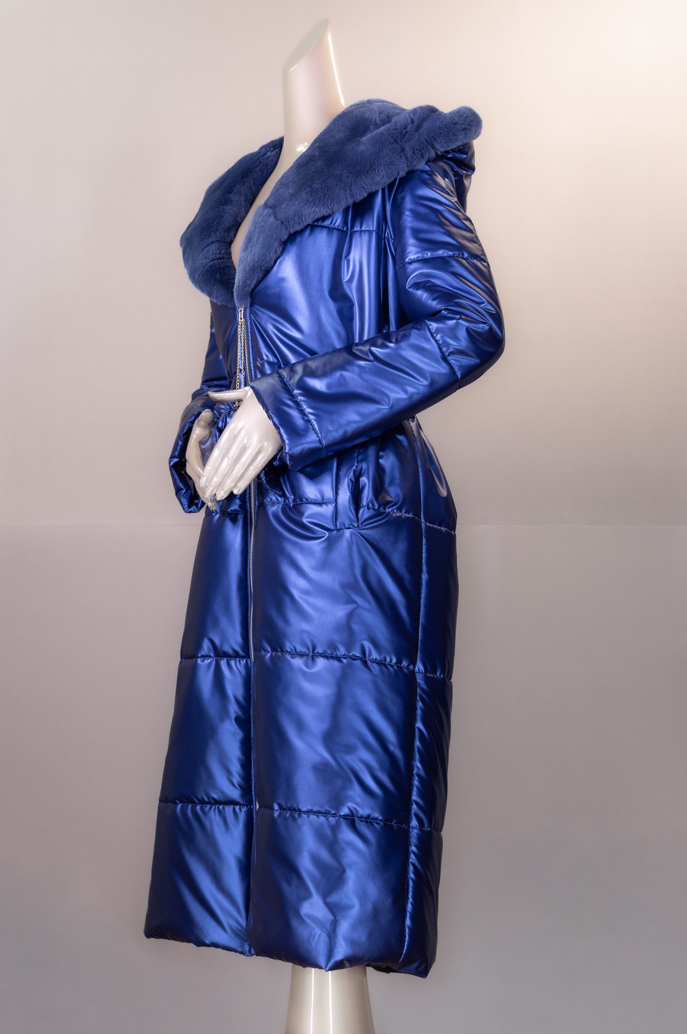 Hooded Puffer Car Coat with Chinchilla Rex Rabbit