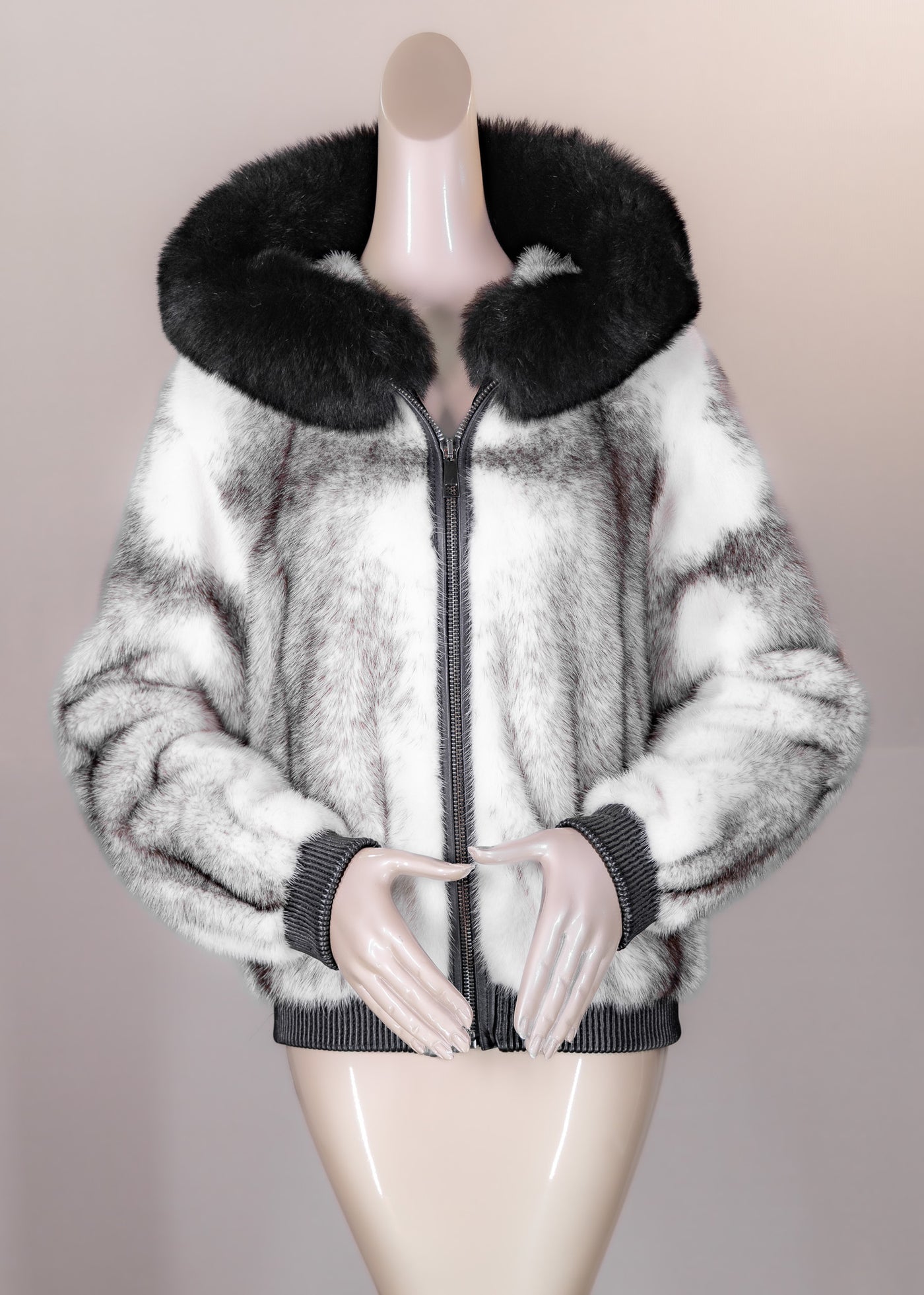 Black Cross Mink Bomber with Fox-Trimmed Hood