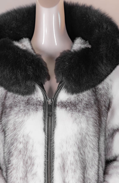 Black Cross Mink Bomber with Fox-Trimmed Hood