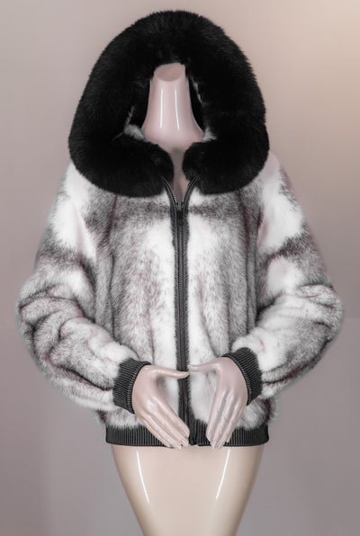 Black Cross Mink Bomber with Fox-Trimmed Hood