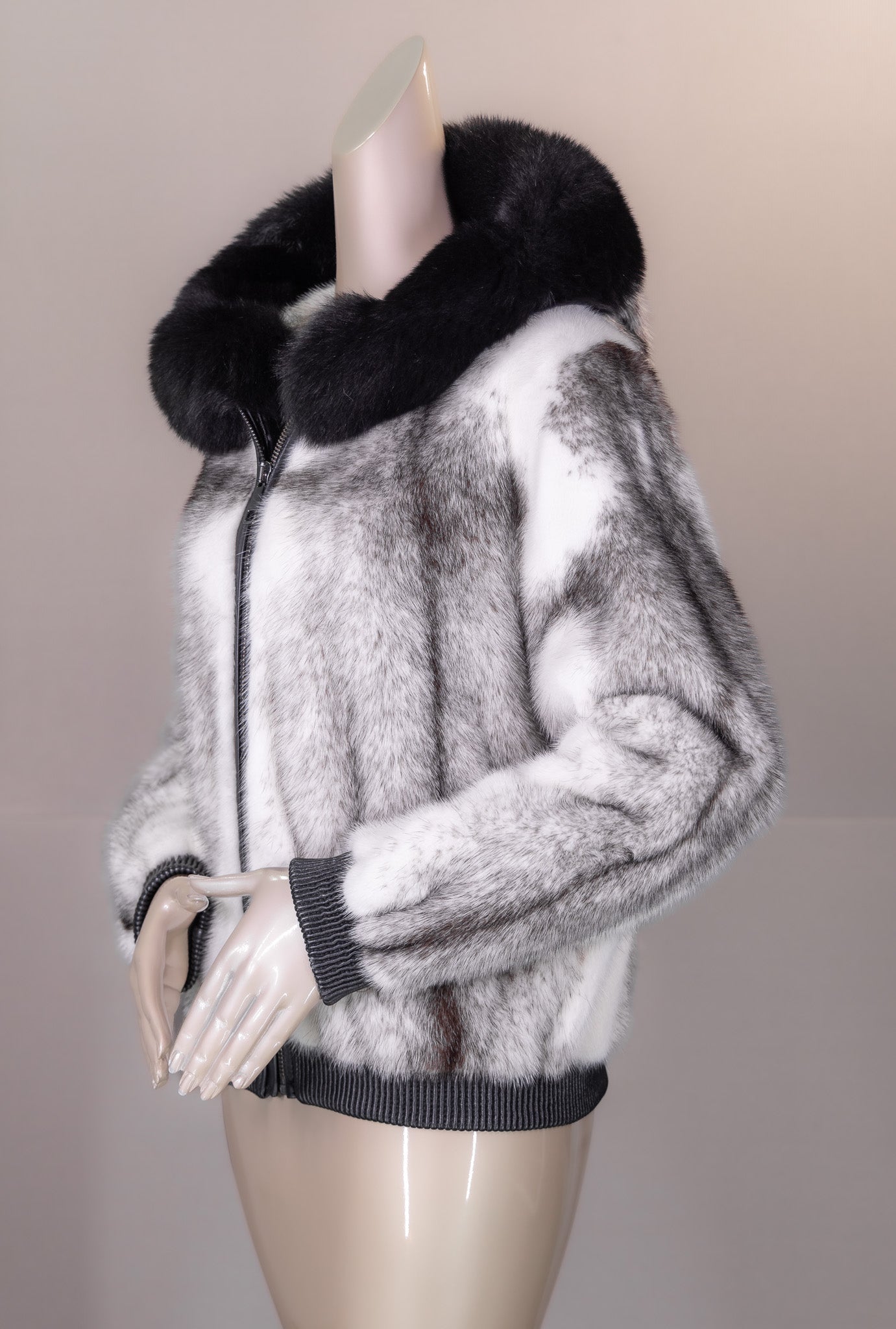 Black Cross Mink Bomber with Fox-Trimmed Hood