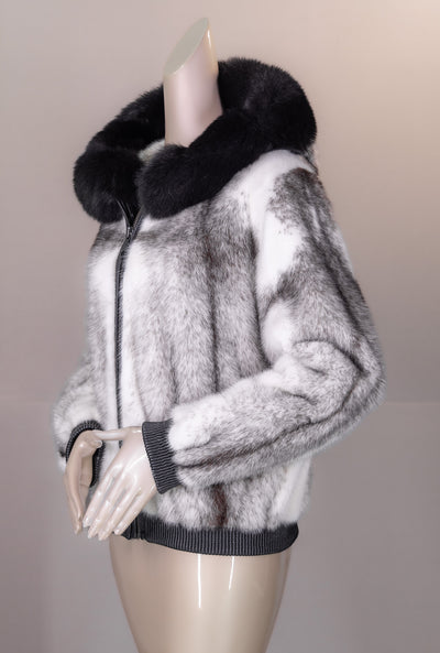 Black Cross Mink Bomber with Fox-Trimmed Hood