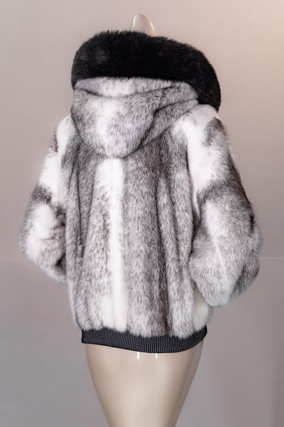 Black Cross Mink Bomber with Fox-Trimmed Hood