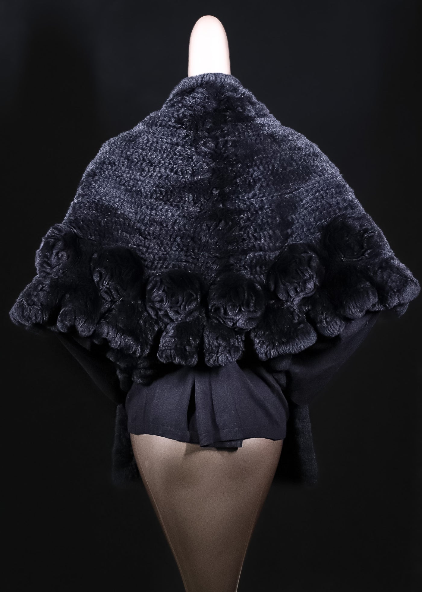 Black Chinchilla Rex Rabbit Knitted Cape with Rosettes