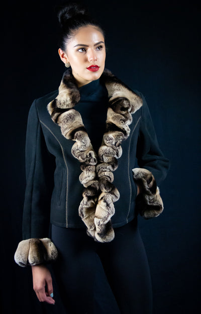 Fitted Shearling Jacket with Chinchilla Rex Rabbit Ruffle Trim