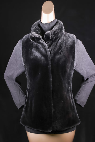 Sheared Mink Reversible to Taffeta Rainwear Vest with Long Hair Mink Collar