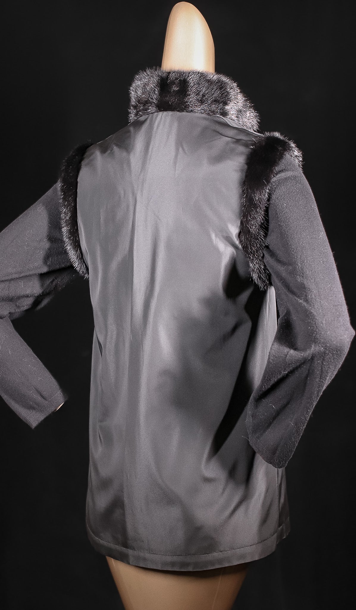 Sheared Mink Reversible to Gortex Rainwear Vest with Long Hair Mink Trim