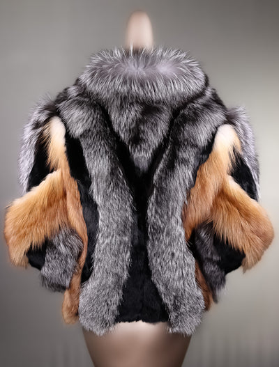 Multi-Contrasting Fox Jacket with Chinchilla REX Rabbit Inserts