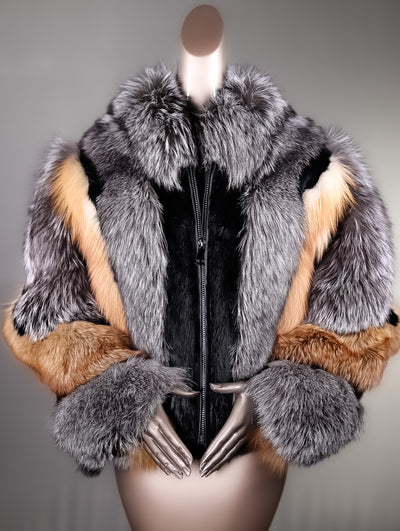 Multi-Contrasting Fox Jacket with Chinchilla REX Rabbit Inserts