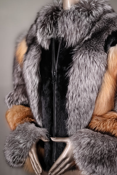 Multi-Contrasting Fox Jacket with Chinchilla REX Rabbit Inserts