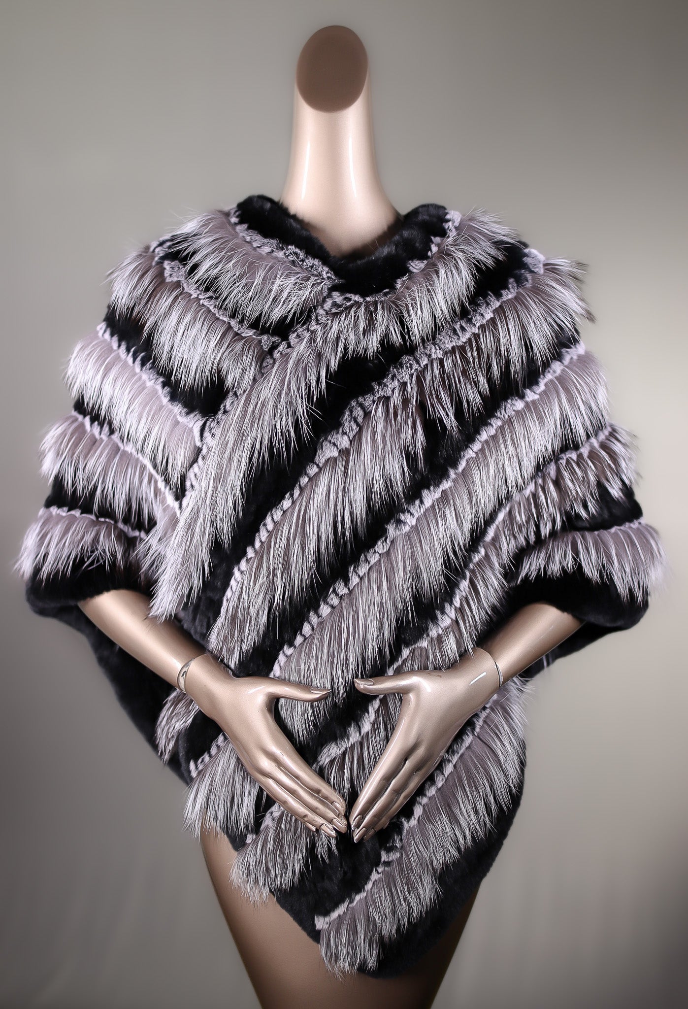 Knitted Contrasting Chinchilla Rex Poncho with Fox Stripes