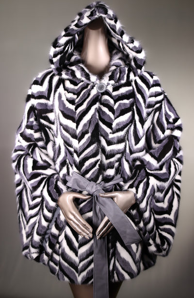 Multi-Colored Hooded Mink Cape with Belt