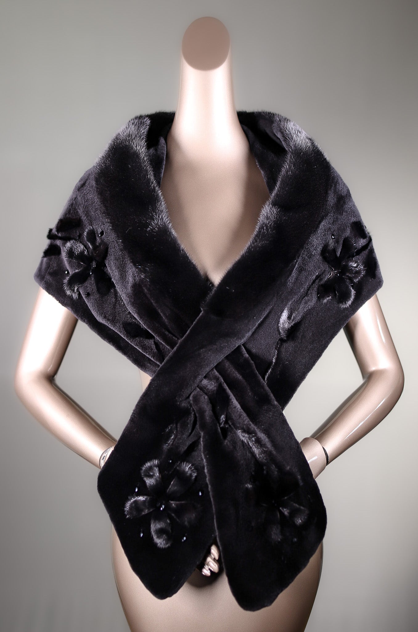 Black Sheared Mink Shawl with Floral Detailing