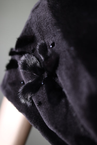 Black Sheared Mink Shawl with Floral Detailing