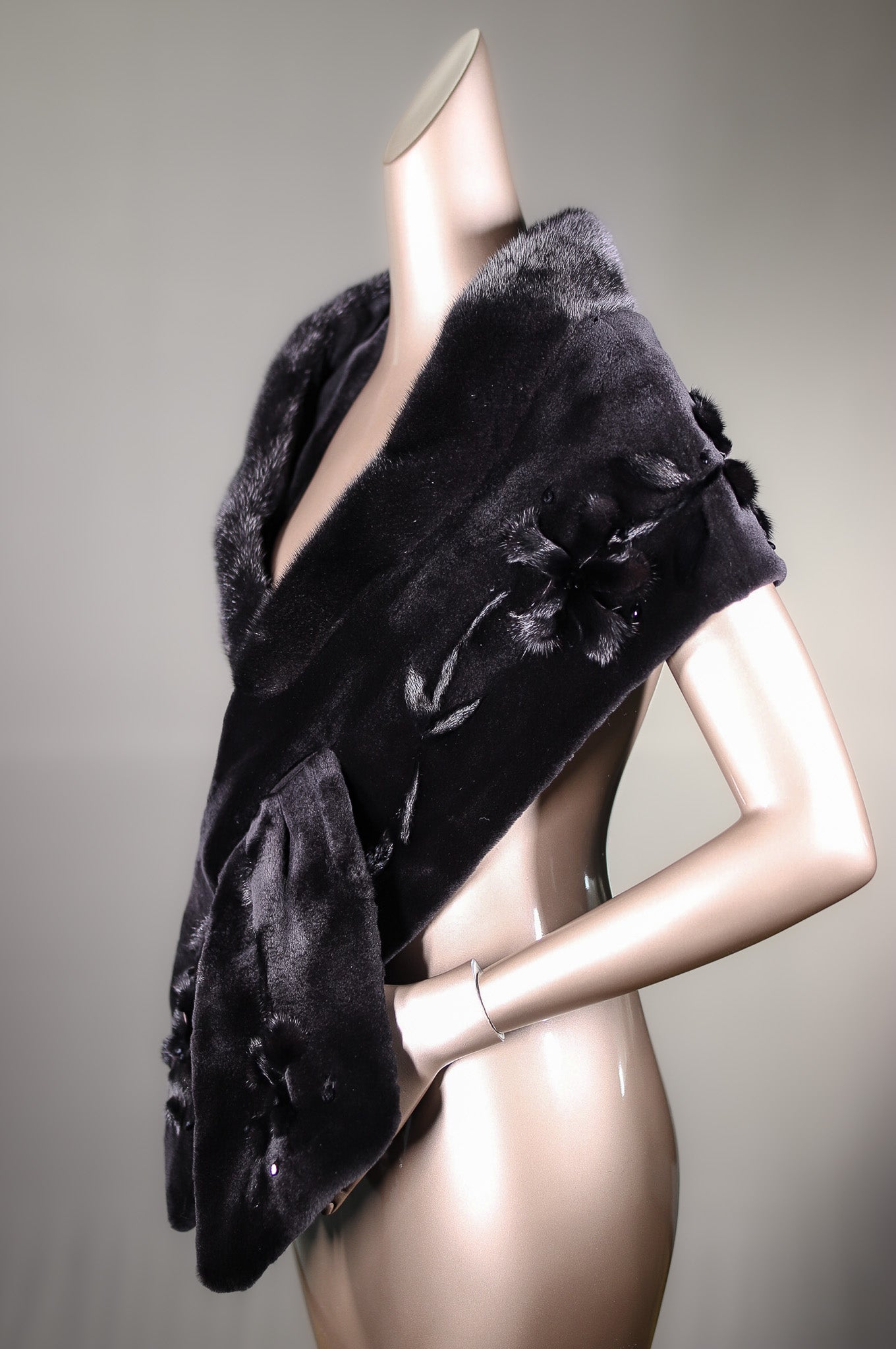 Black Sheared Mink Shawl with Floral Detailing