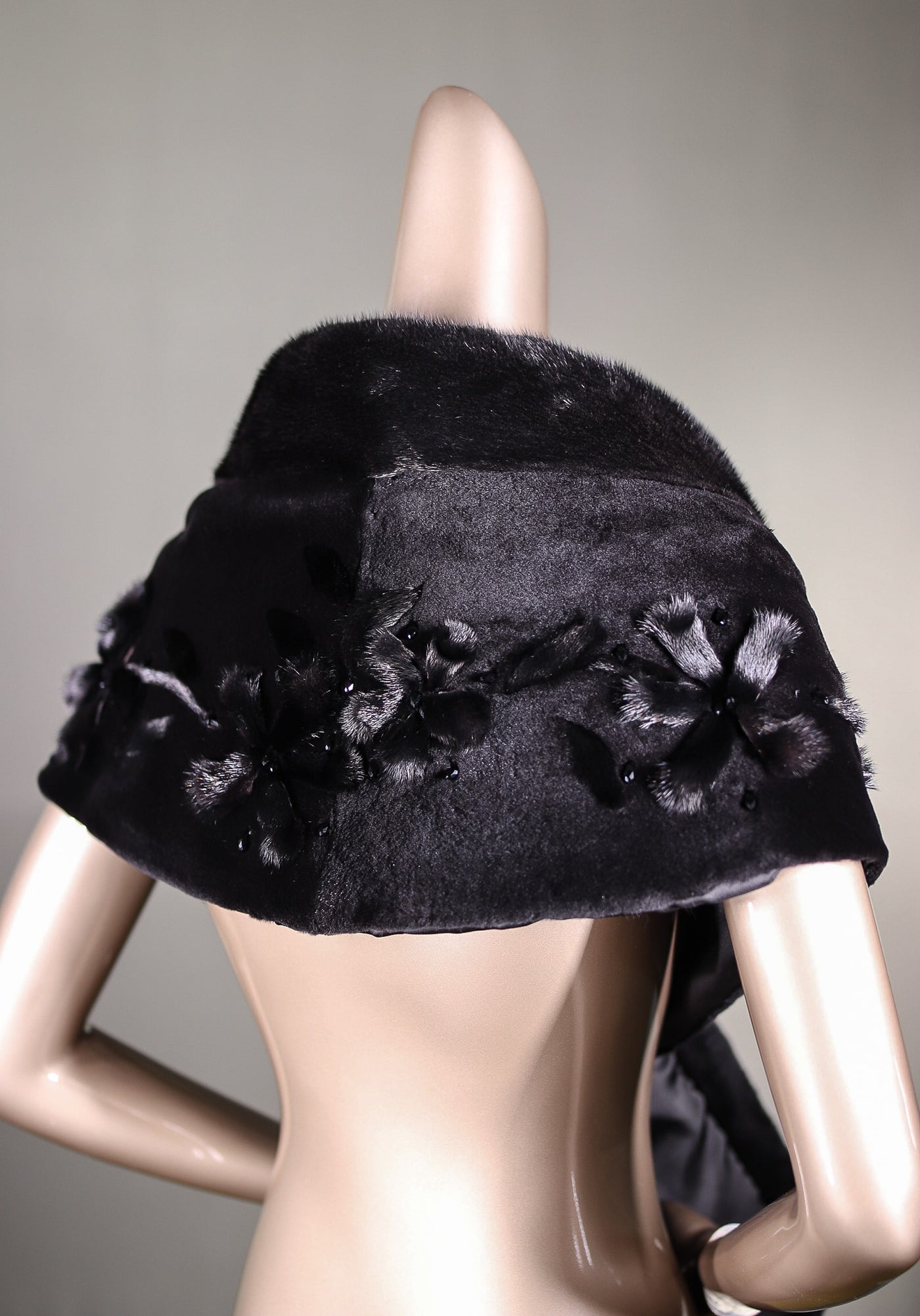 Black Sheared Mink Shawl with Floral Detailing