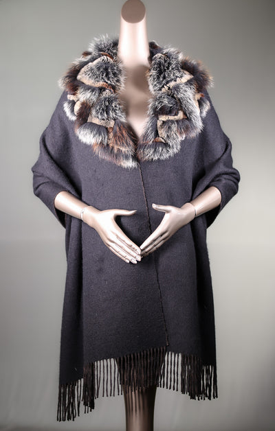 Two-Toned Cashmere Cape with Detachable Chinchilla REX Rabbit Rabbit and Fox Collar