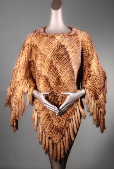 Knitted Whiskey Mink Poncho with Fringes