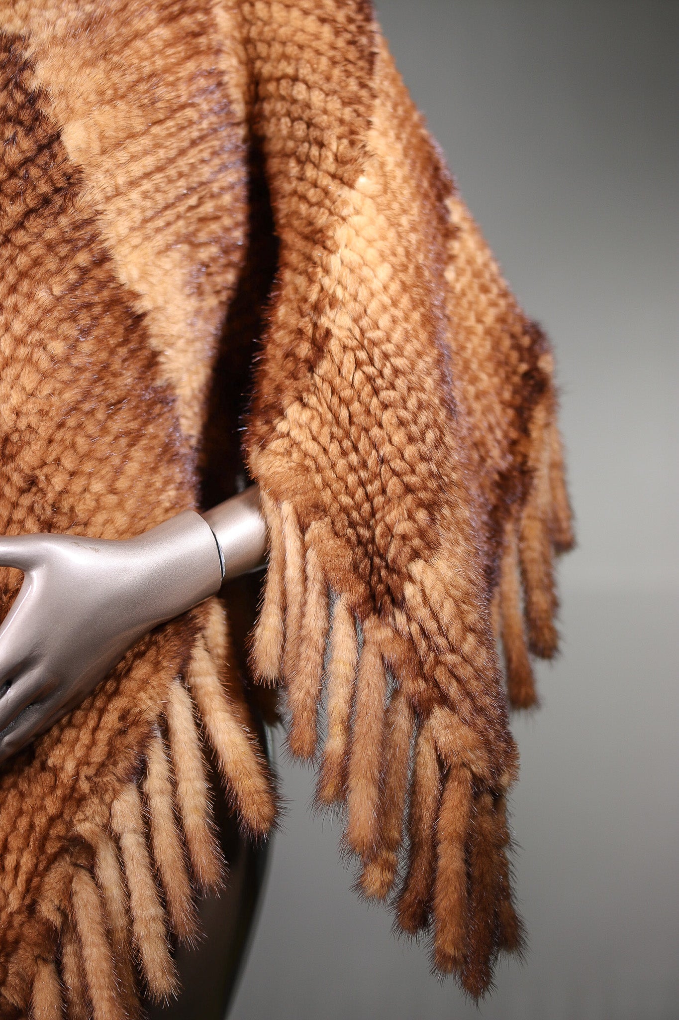 Knitted Whiskey Mink Poncho with Fringes