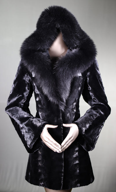 Black Sheared Sectional Mink Hooded Stroller with Fox