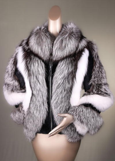 Multi-Contrasting Fox Jacket with Chinchilla REX Rabbit Inserts