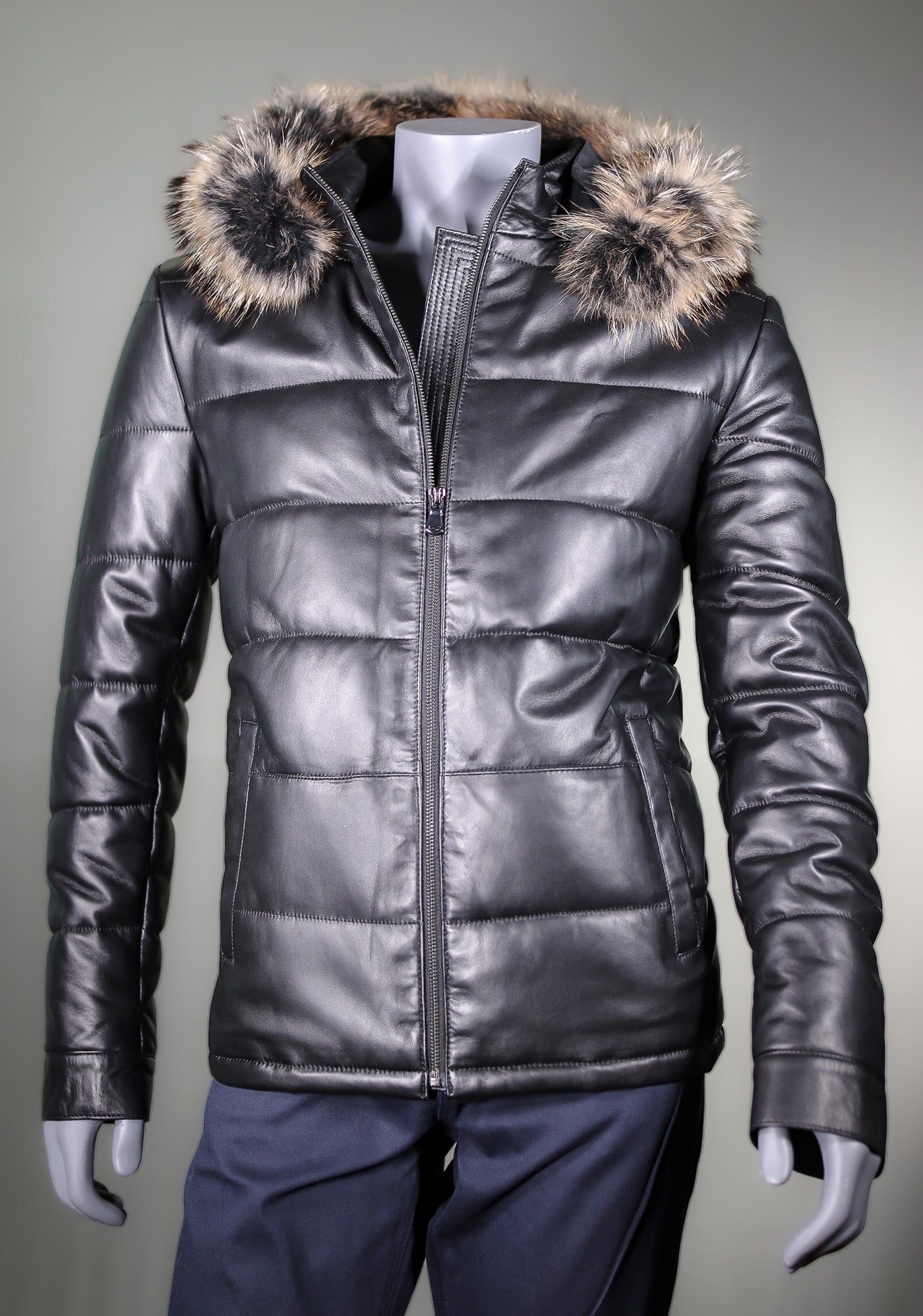 Lamb Leather Puffer Coat with Raccoon Ruff