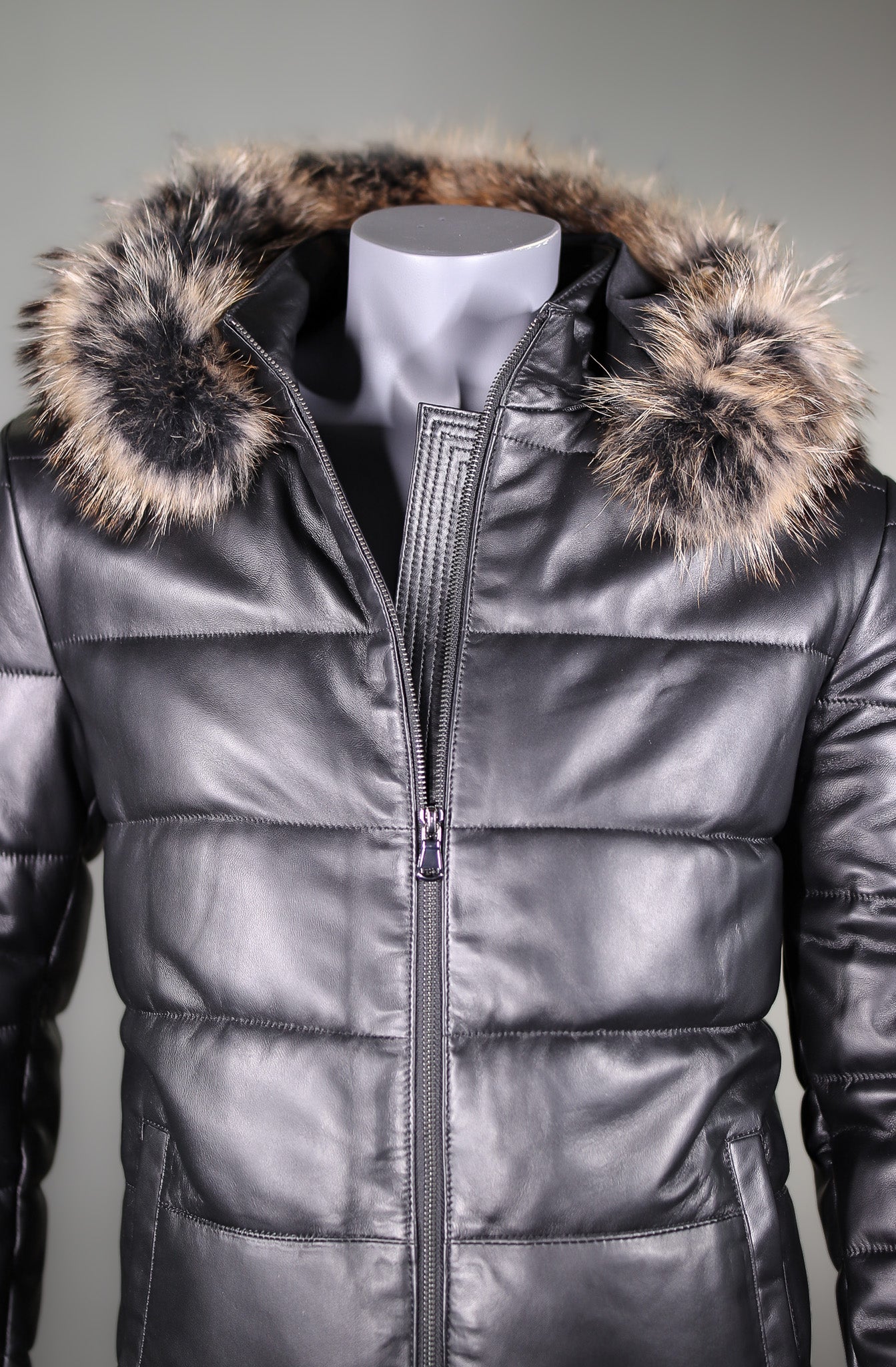 Lamb Leather Puffer Coat with Raccoon Ruff