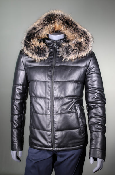 Lamb Leather Puffer Coat with Raccoon Ruff