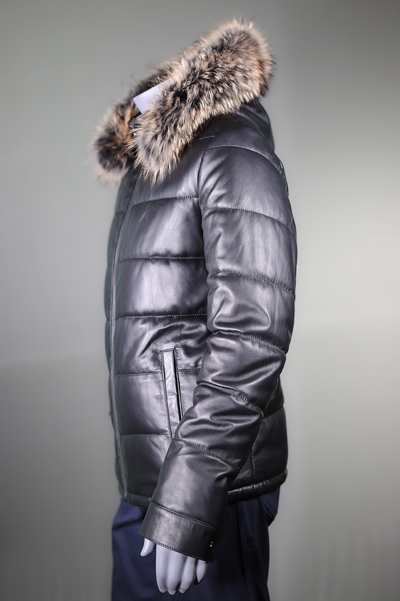 Lamb Leather Puffer Coat with Raccoon Ruff