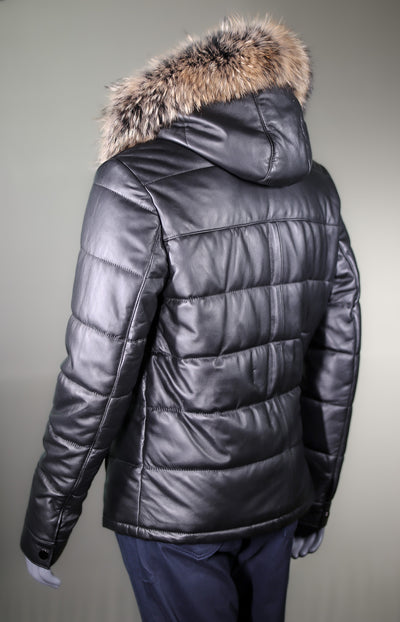 Lamb Leather Puffer Coat with Raccoon Ruff