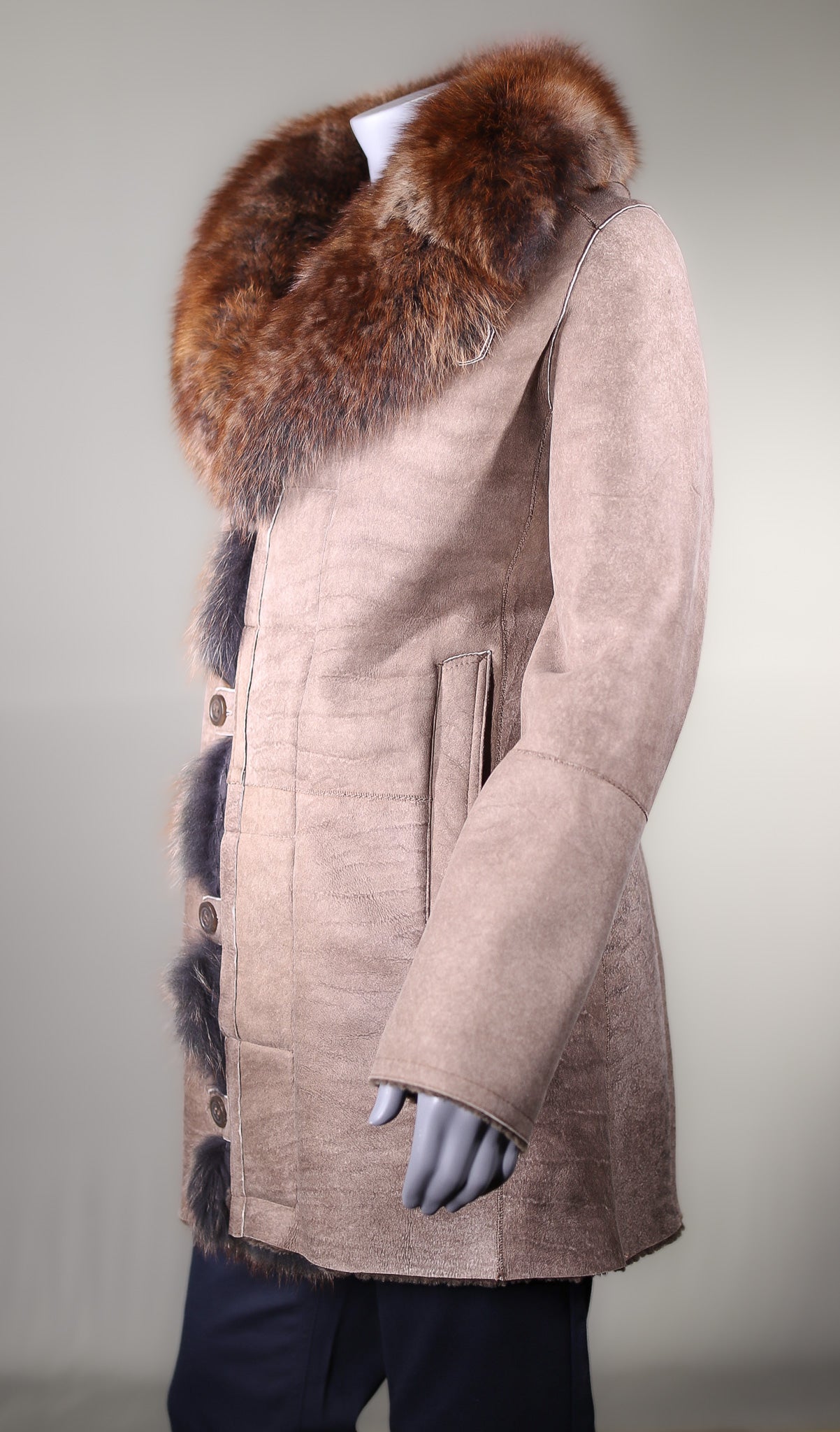 Stone Washed Shearling Coat with Fox Tuxedo