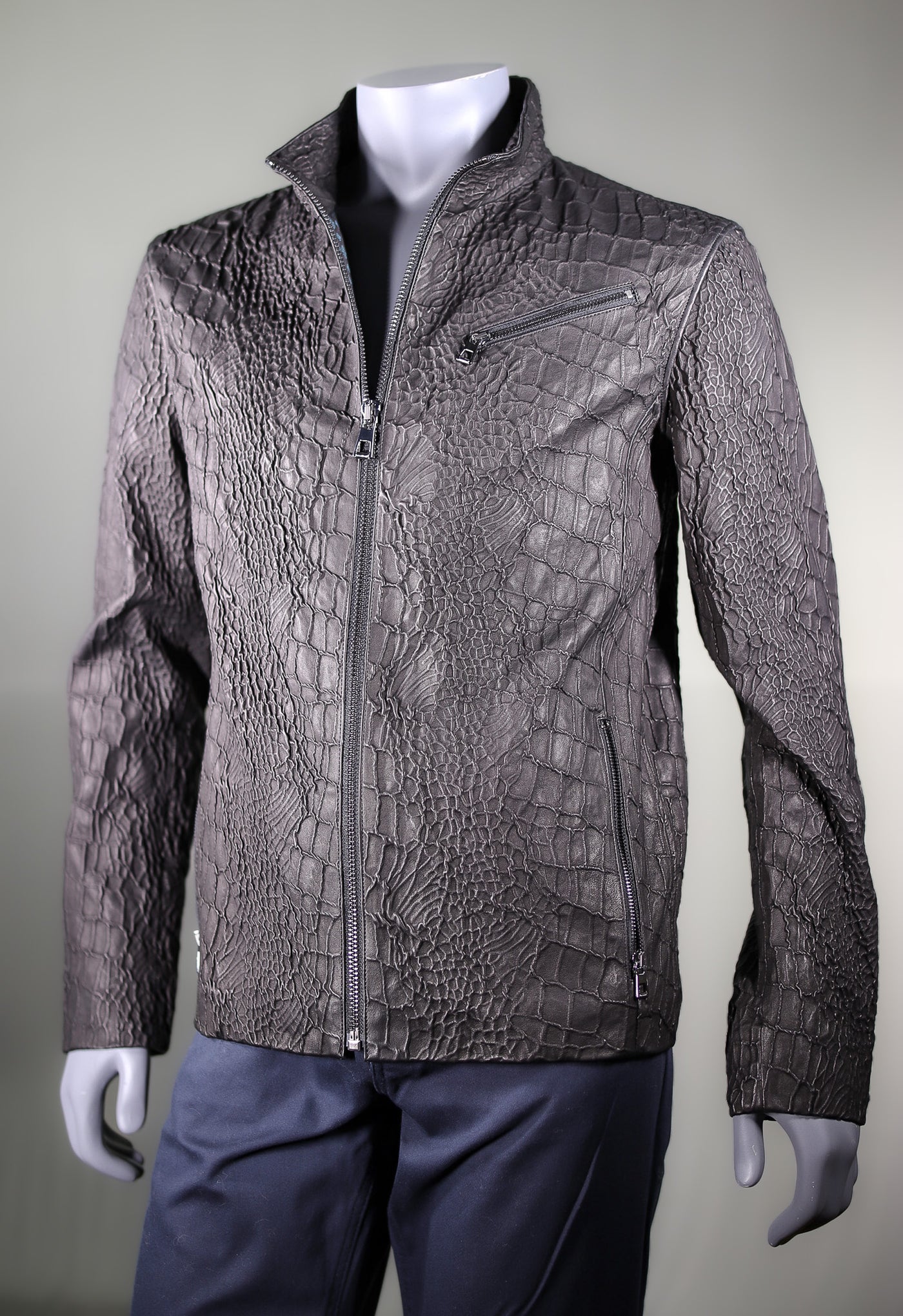 Crocodile-Crinkled Italian Lamb Leather Jacket
