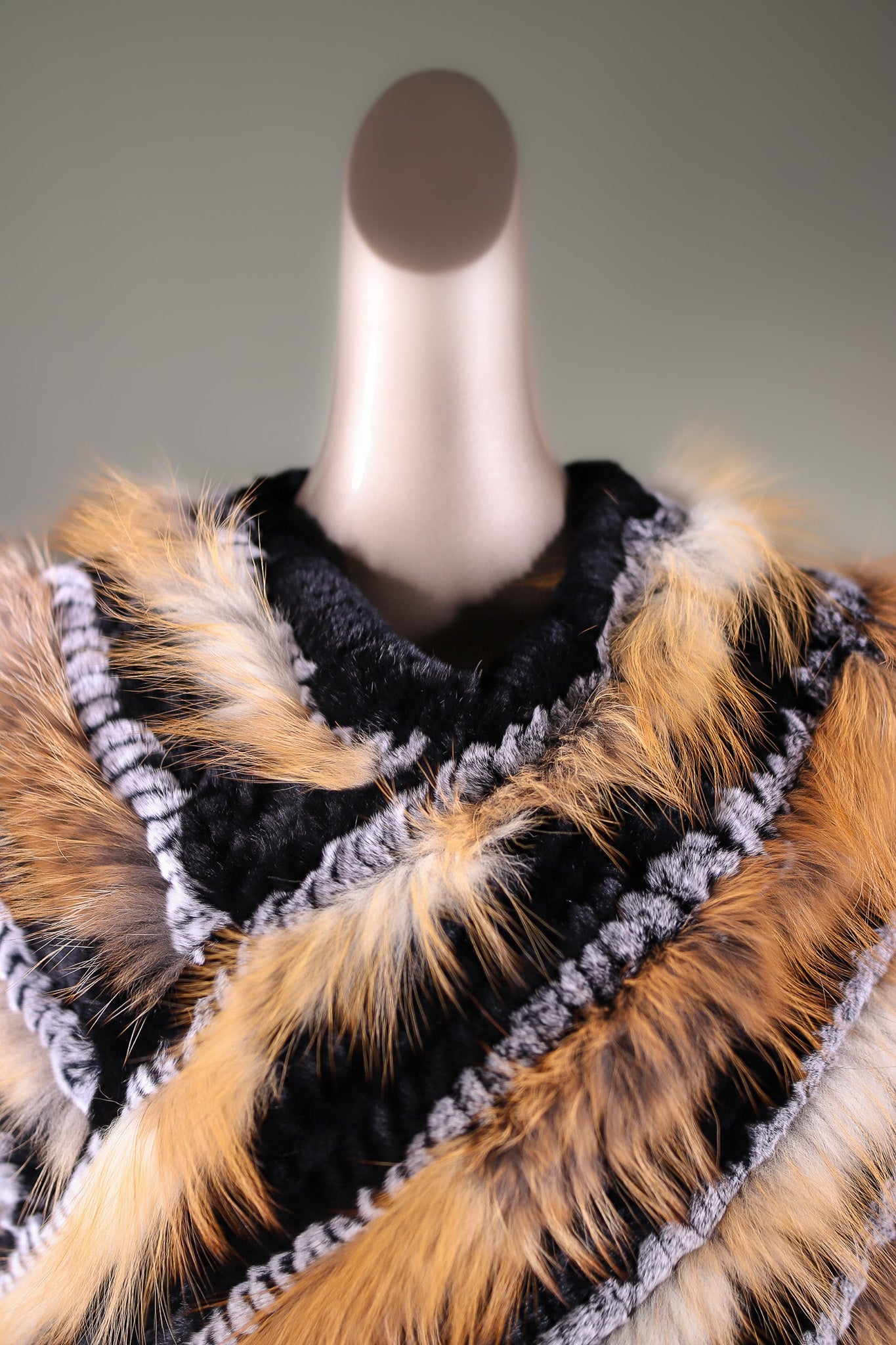 Knitted Contrasting Chinchilla Rex Poncho with Fox Stripes