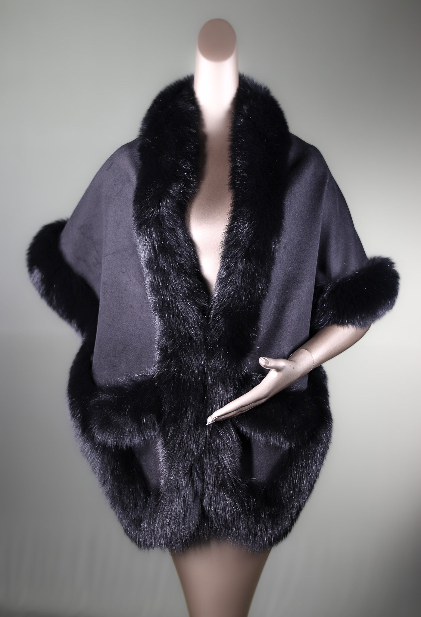 Cashmere Cape with Fox Tuxedo and Trimmed Pockets