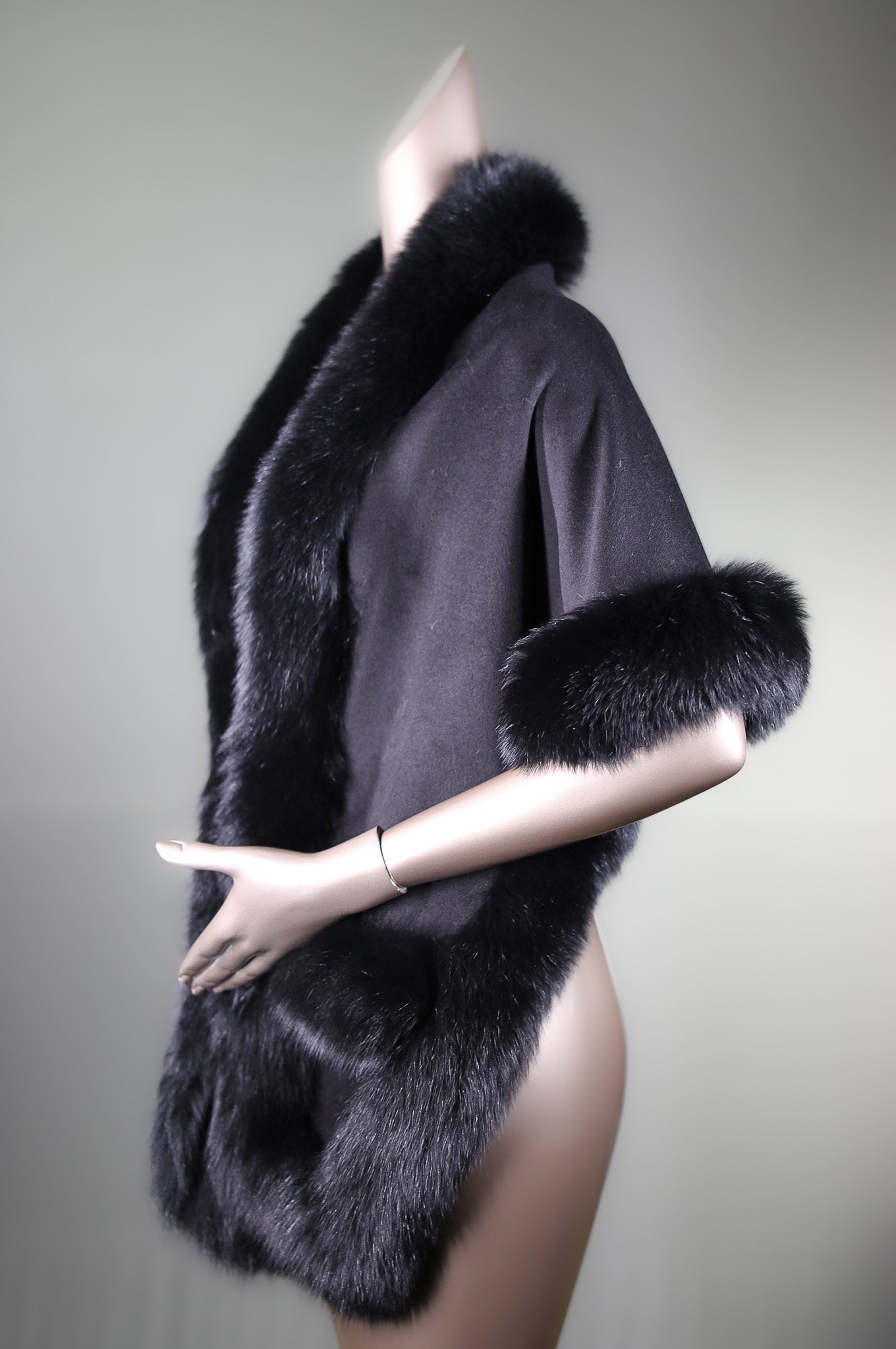 Cashmere Cape with Fox Tuxedo and Trimmed Pockets