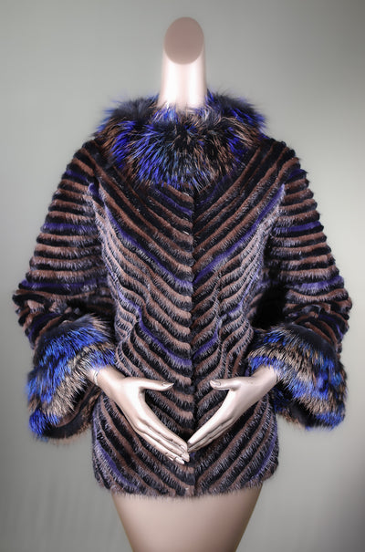 Chevron-Ribbed Mink and Chinchilla REX Rabbit Cape with Golden Isle Fox