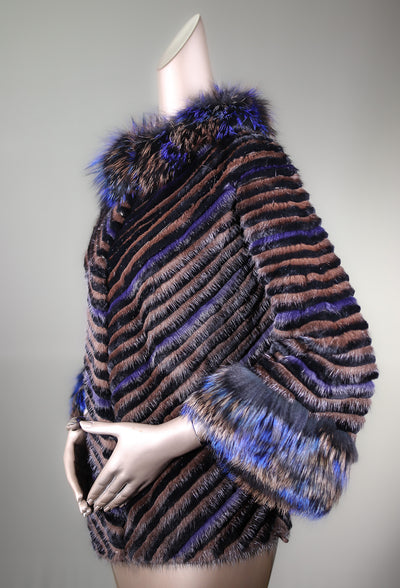 Chevron-Ribbed Mink and Chinchilla REX Rabbit Cape with Golden Isle Fox