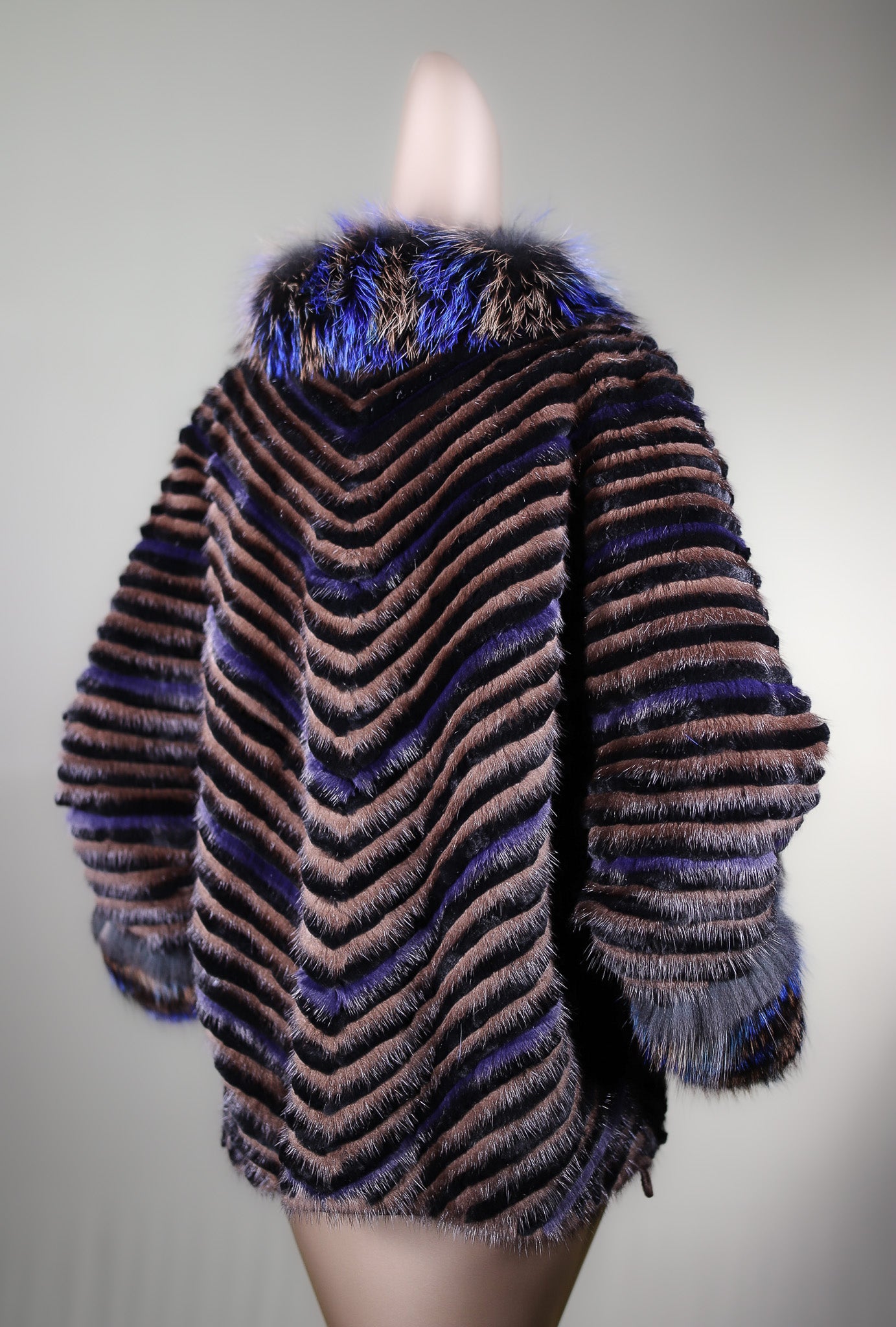 Chevron-Ribbed Mink and Chinchilla REX Rabbit Cape with Golden Isle Fox