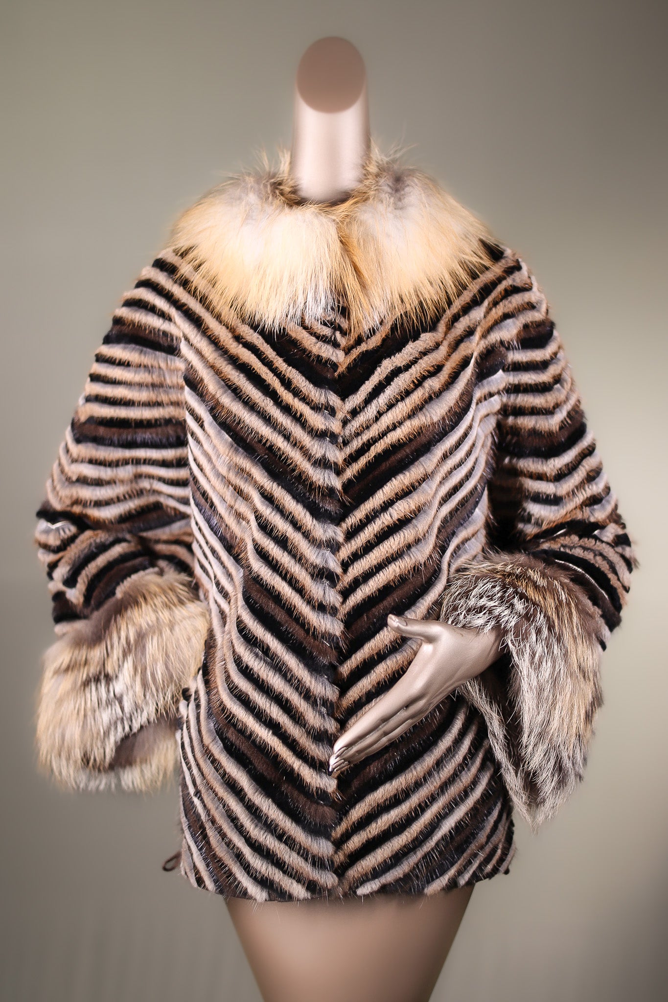 Chevron-Ribbed Mink and Chinchilla REX Rabbit Cape with Golden Isle Fo ...
