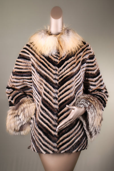 Chevron-Ribbed Mink and Chinchilla REX Rabbit Cape with Golden Isle Fox